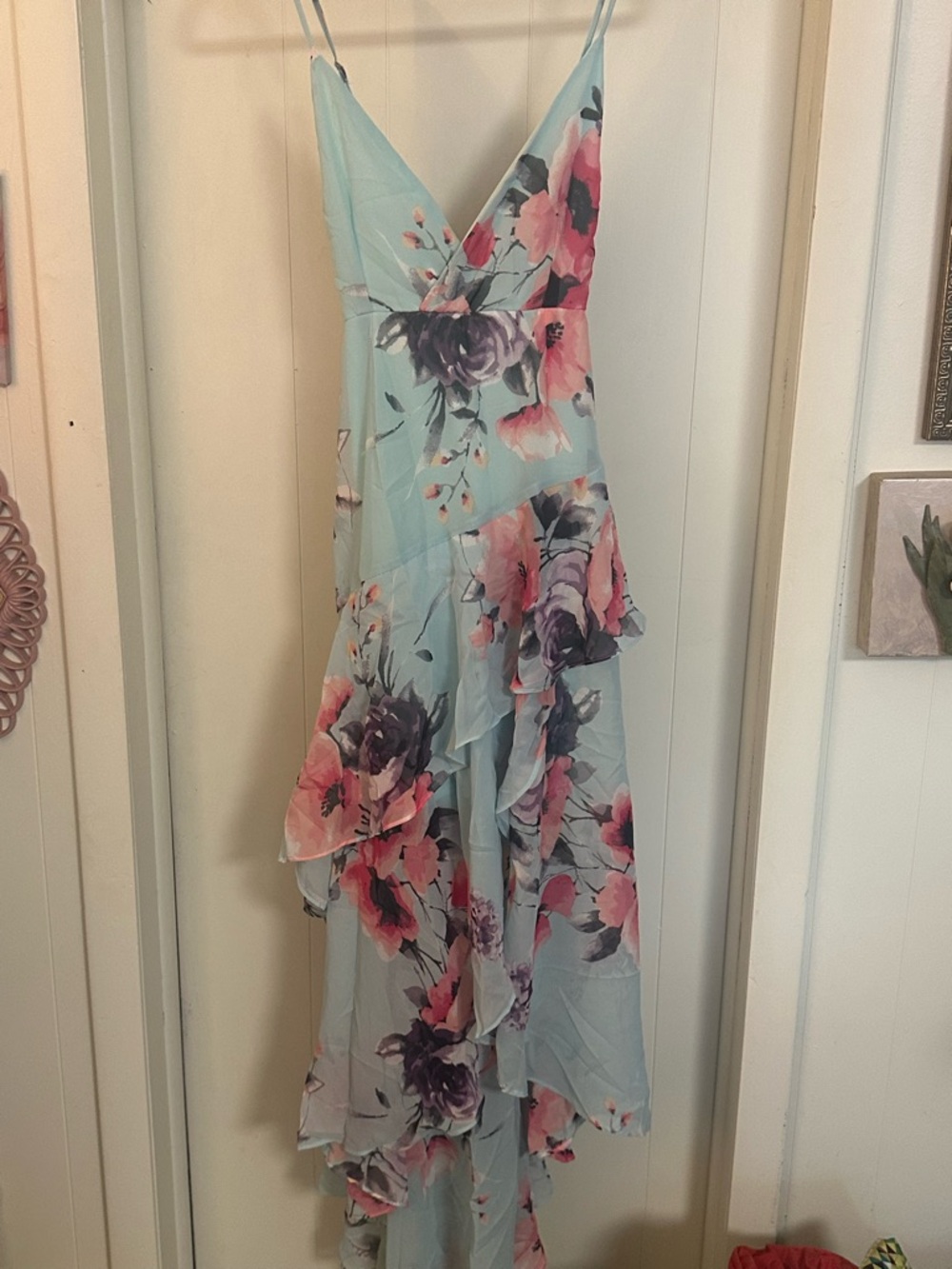 Fashion Nova Light Blue Floral High-Low Ruffle Dress with Pink and Purple Blooms